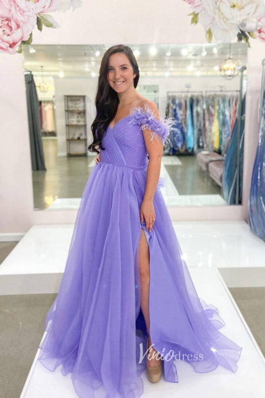 Lavender Tulle Prom Dresses With Slit Off the Shoulder Evening Dress FD3200-prom dresses 2025 -Viniodress-Lavender-Custom Size-