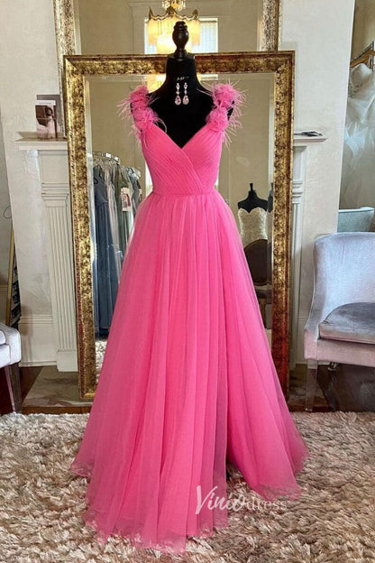 Lavender Tulle Prom Dresses With Slit Off the Shoulder Evening Dress FD3200-prom dresses 2025 -Viniodress-Pink-Custom Size-