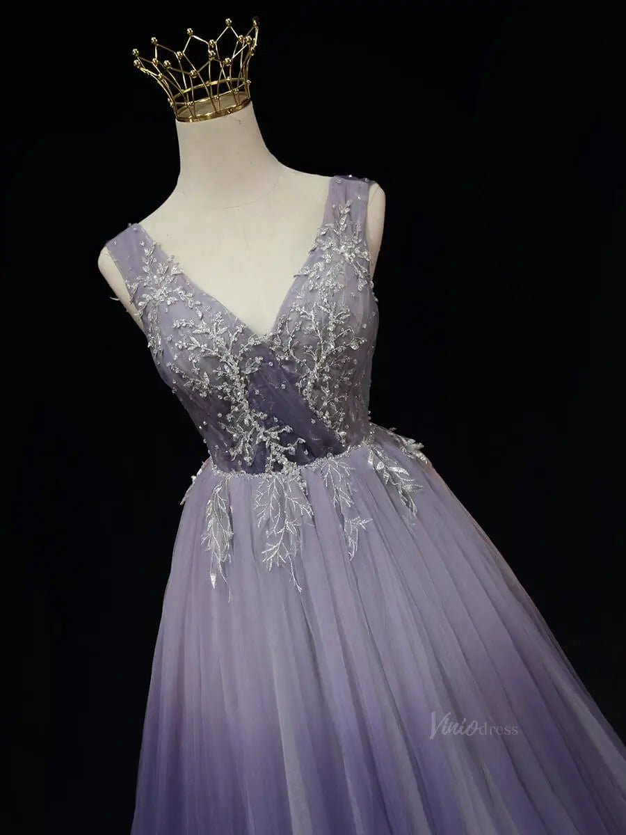Lavender Tulle Prom Dresses with V-Neck, Lace, Corset Back, Formal Dresses SU067-prom dresses 2025 -Viniodress-Lavender-Custom Size-