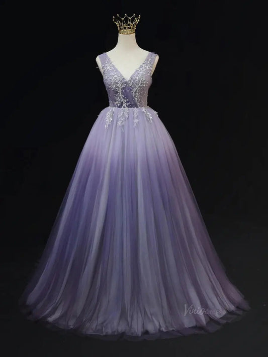 Lavender Tulle Prom Dresses with V - Neck, Lace, Corset Back, Formal Dresses SU067 - Viniodressprom dressesLavenderCustom Size - Formal Dresses - Ball Gowns