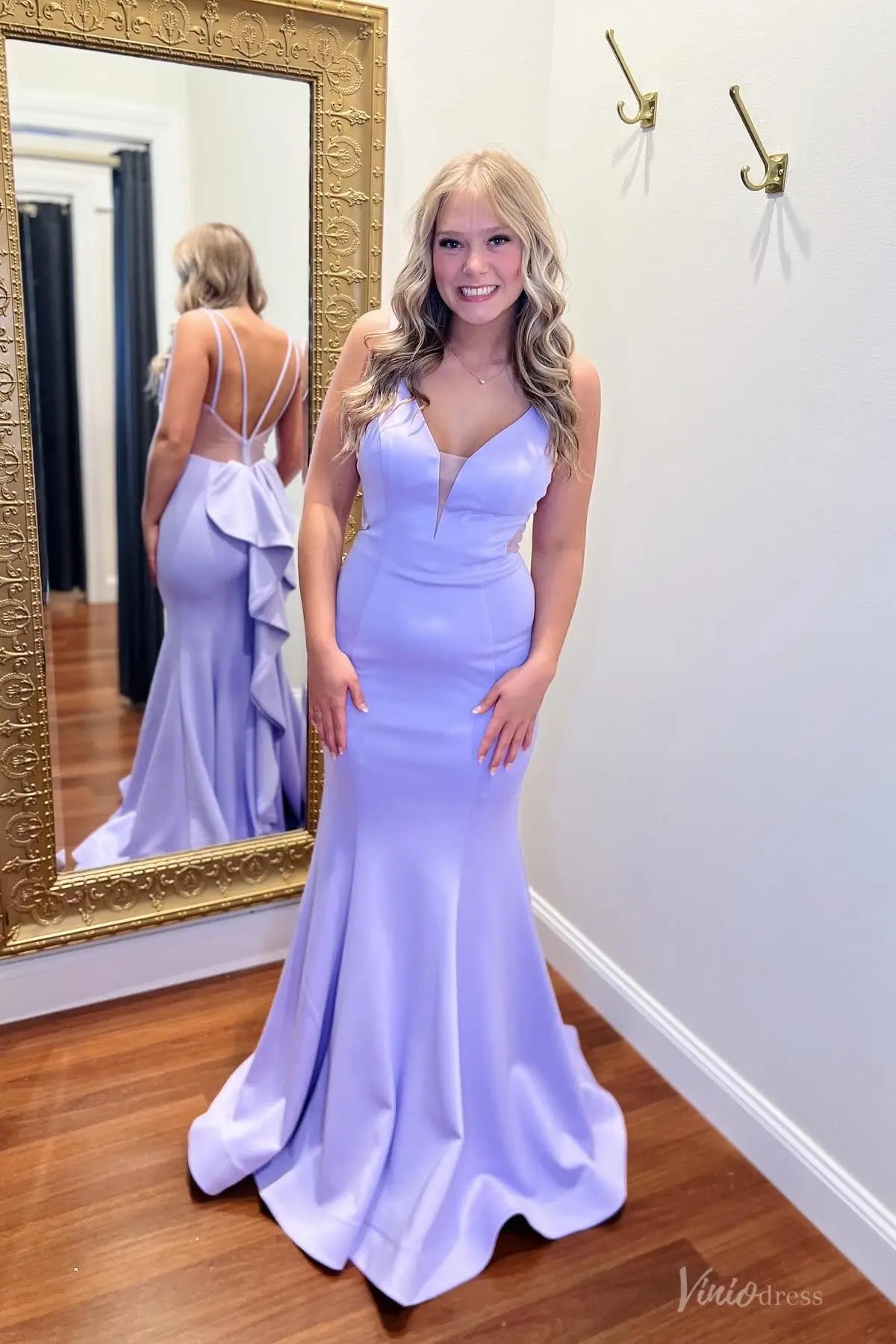 Lavender V-Neck Mermaid Prom Dress with Open Back Bow & Ruffle Train – SS197-Prom Dresses 2026-Viniodress-Lavender-Custom Size-