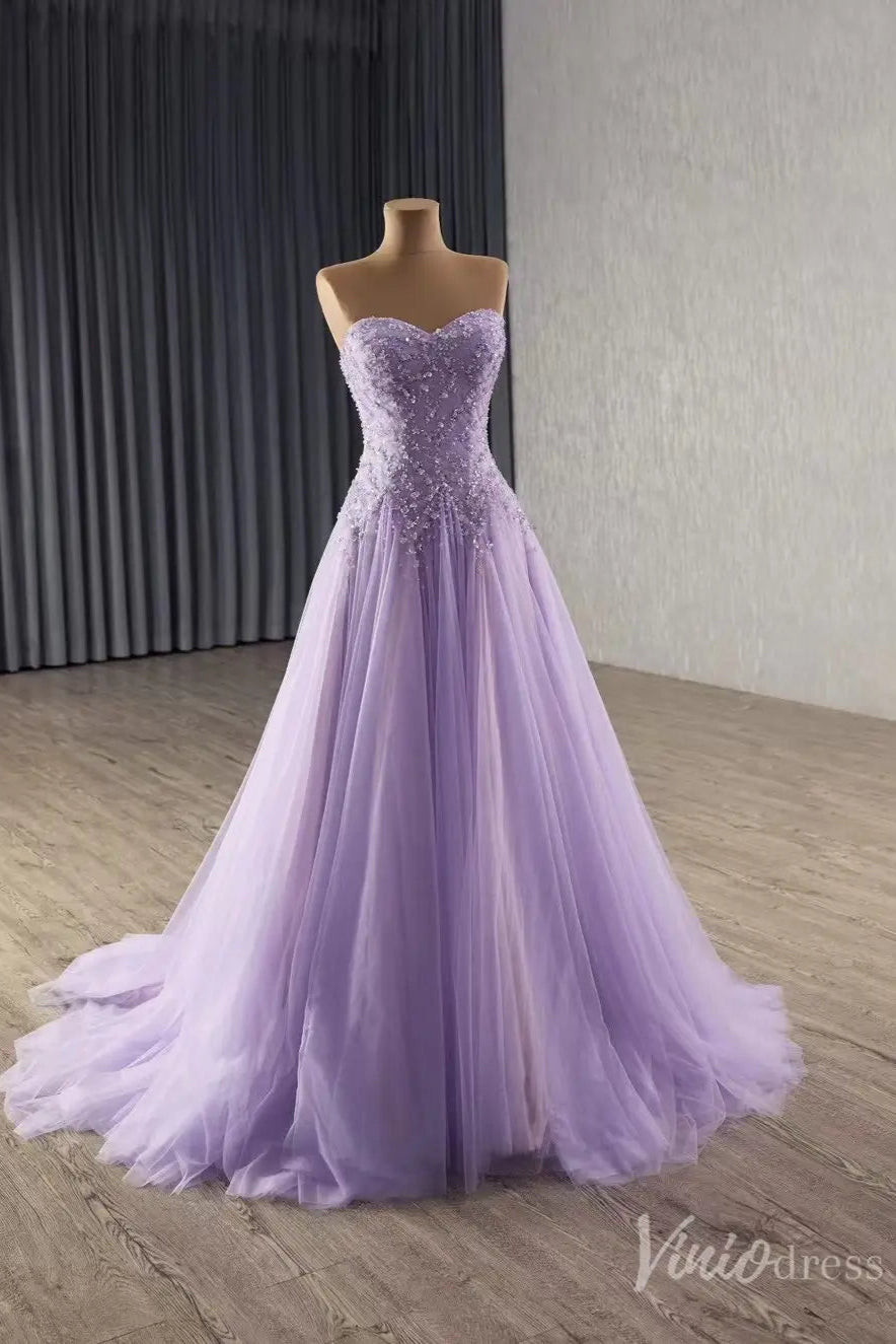 Lavender Wedding Dress Strapless Beaded Tulle Gala Pageant Gown 251022 –  Viniodress