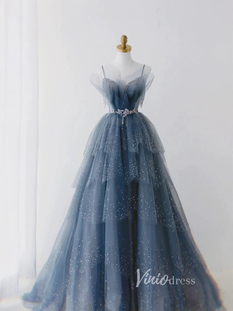 Layered Dusty Blue Formal Dress Tiered Sparkly Tulle Prom Gown FD2495 Viniodress Layered Dusty Blue Formal Dress Tiered Sparkly Tulle Prom Gown FD2495 Viniodress