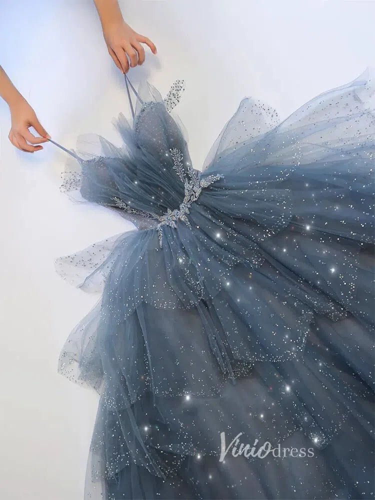 Layered Dusty Blue Formal Dress Tiered Sparkly Tulle Prom Gown FD2495 Viniodress Layered Dusty Blue Formal Dress Tiered Sparkly Tulle Prom Gown FD2495 Viniodress