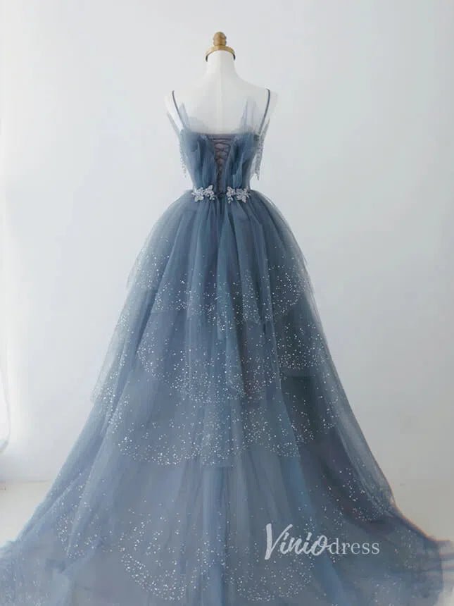 Layered Dusty Blue Formal Dress Tiered Sparkly Tulle Prom Gown FD2495-Prom Dresses 2025 -Viniodress-Dusty Blue-US 2-