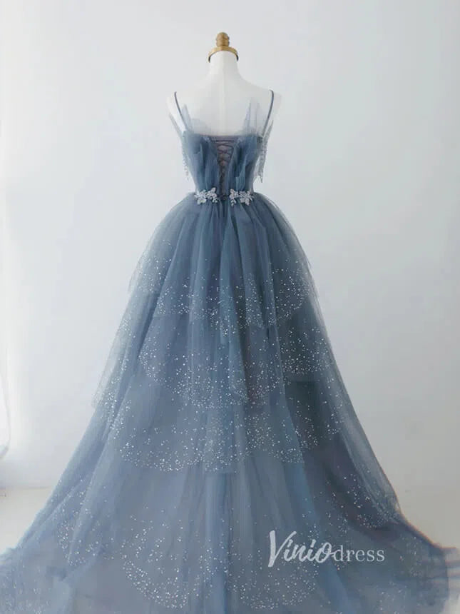 Prom Dress 2025 Layered Dusty Blue Formal Dress Tiered Sparkly Tulle Prom Gown FD2495-unique prom dresses-Dusty Blue-US 2-Viniodress