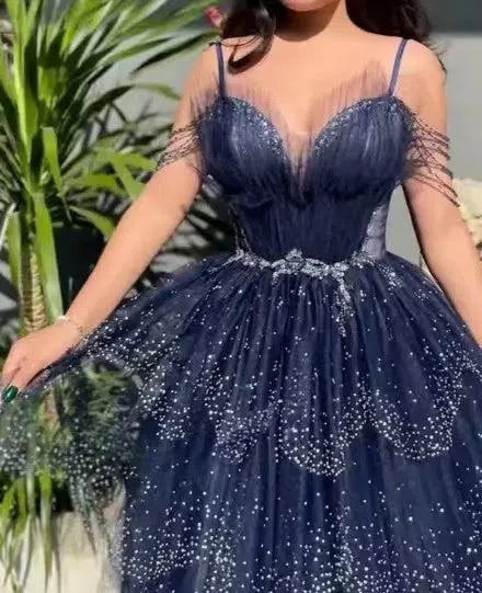 Prom Dress 2025 Layered Dusty Blue Formal Dress Tiered Sparkly Tulle Prom Gown FD2495-unique prom dresses-Navy Blue-US 2-Viniodress