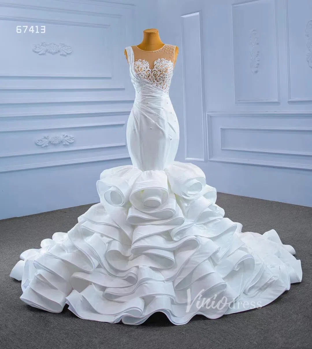 Layered Mermaid Wedding Dress Beaded 67413 Viniodress-wedding dresses 2025 -Viniodress-Ivory-Custom Size-