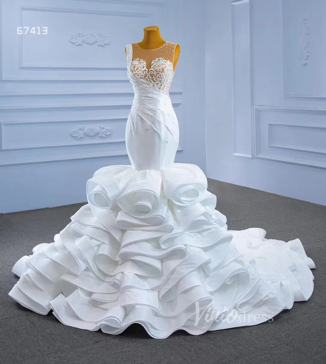 Layered Mermaid Wedding Dress Beaded 67413 Viniodress-wedding dresses 2025 -Viniodress-Ivory-Custom Size-