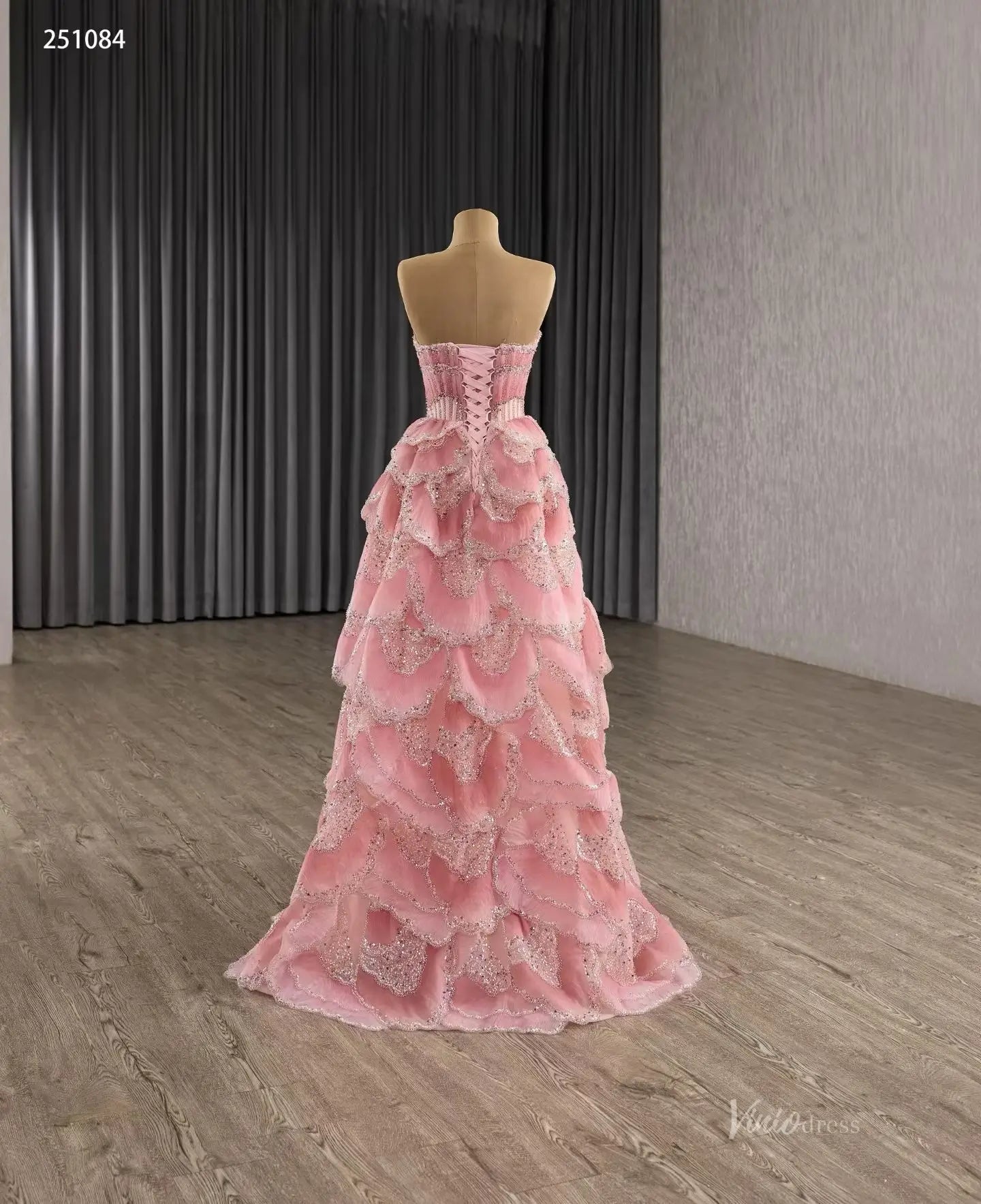 Layered Pink Pageant Dress | Strapless Beaded A-Line Gown with Tiered Viniodress Layered Pink Pageant Dress | Strapless Beaded A-Line Gown with Tiered Viniodress