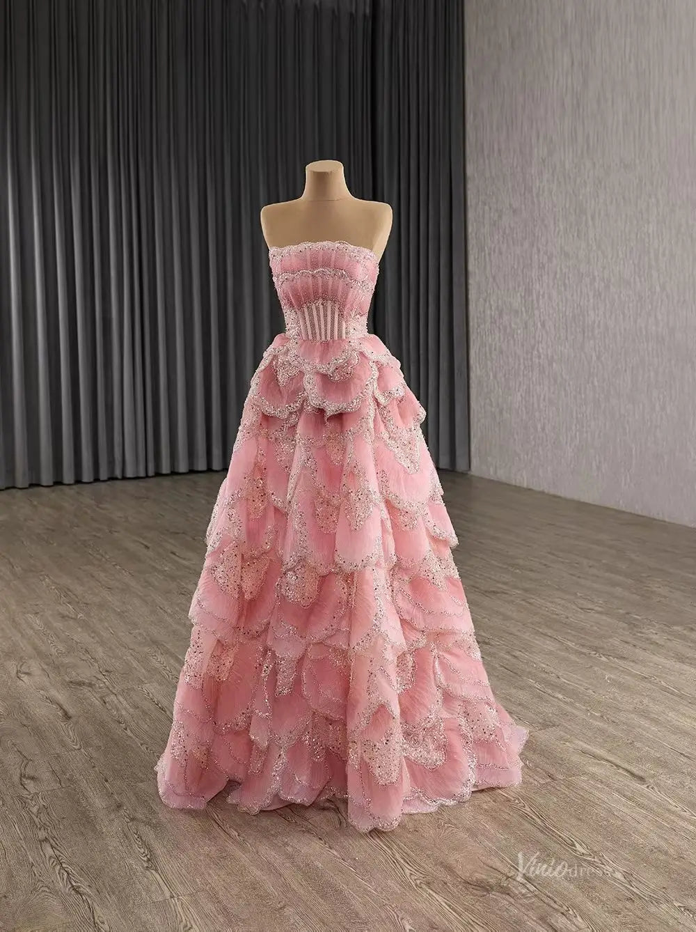 Layered Pink Pageant Dress | Strapless Beaded A-Line Gown with Tiered Viniodress Layered Pink Pageant Dress | Strapless Beaded A-Line Gown with Tiered Viniodress