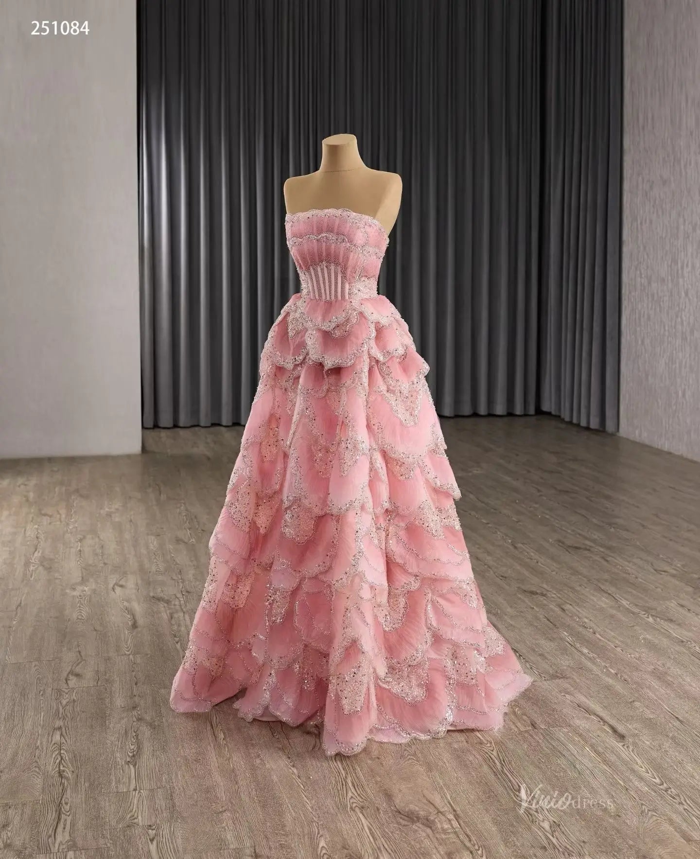 Layered Pink Pageant Dress | Strapless Beaded A-Line Gown with Tiered Viniodress Layered Pink Pageant Dress | Strapless Beaded A-Line Gown with Tiered Viniodress