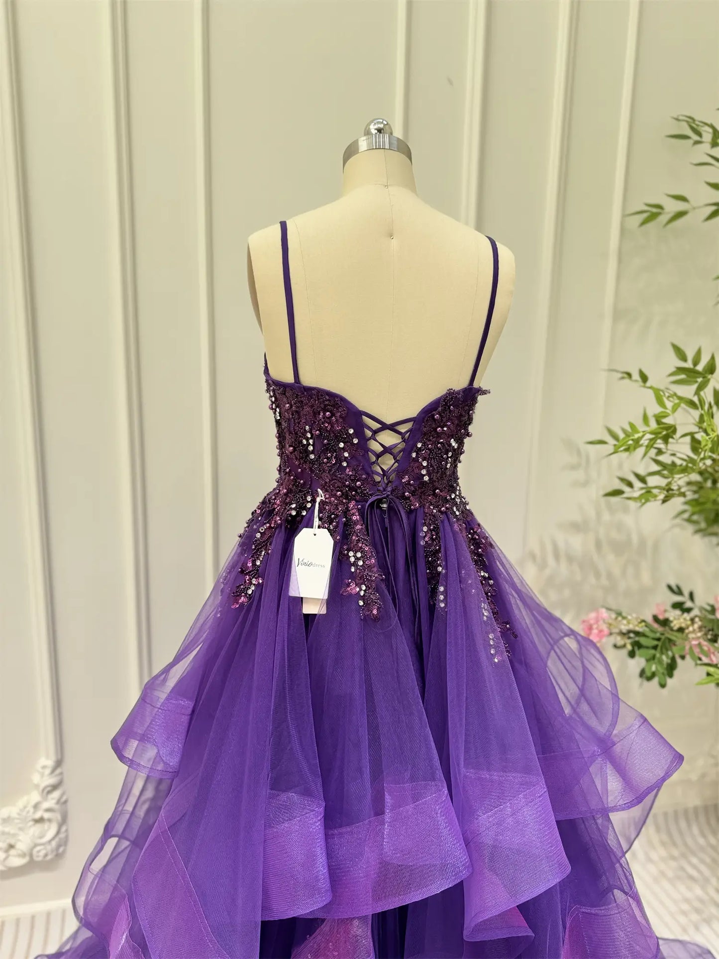 Layered Purple Prom Dresses Spaghetti Strap Ball Gown Lace-up Back FD3756-prom dresses 2025 -Viniodress-Purple-Custom Size-
