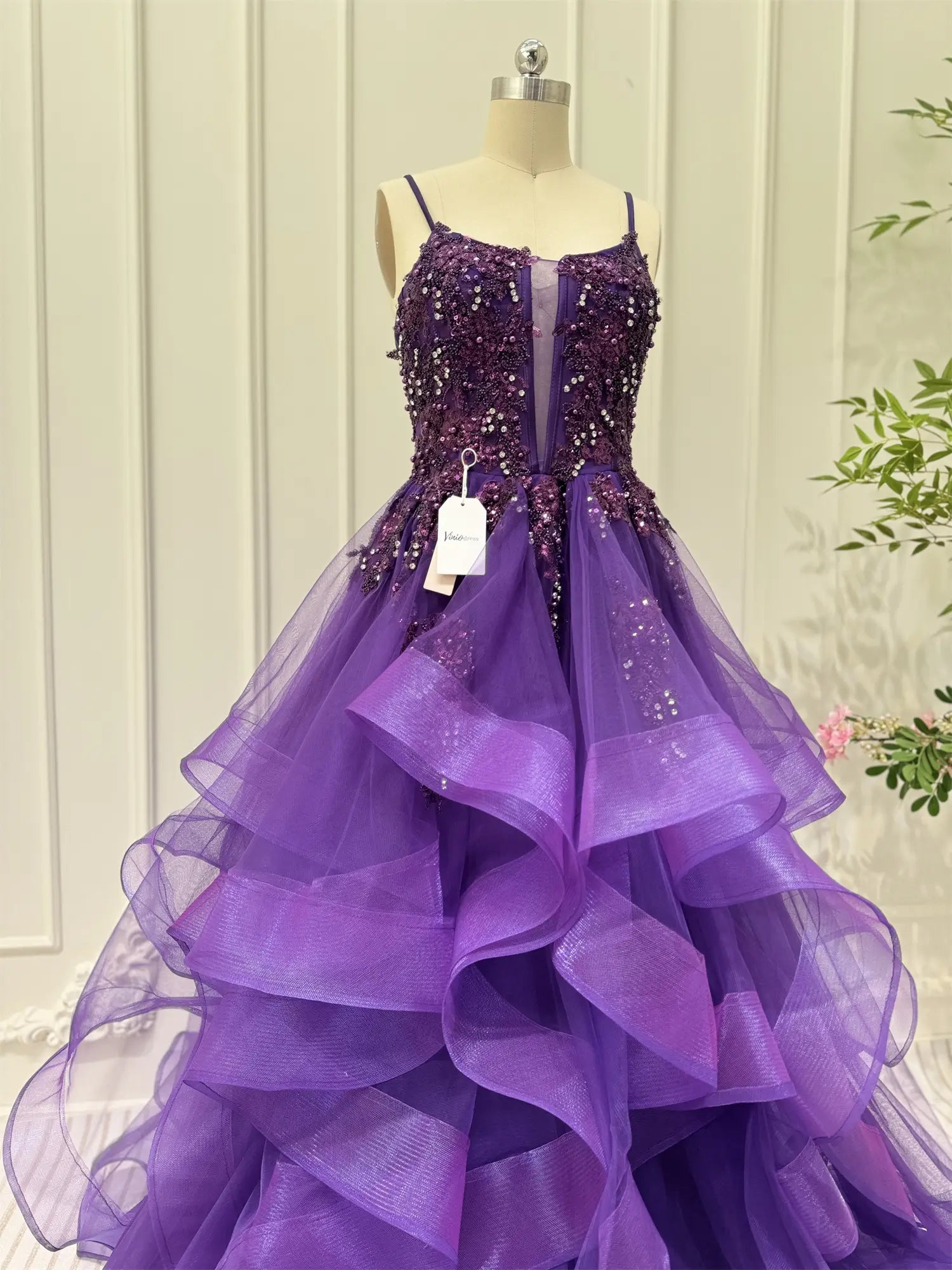 purple tulle prom dress Layered Purple Prom Dresses Spaghetti Strap Ball Gown Lace-up Back FD3 – Viniodress