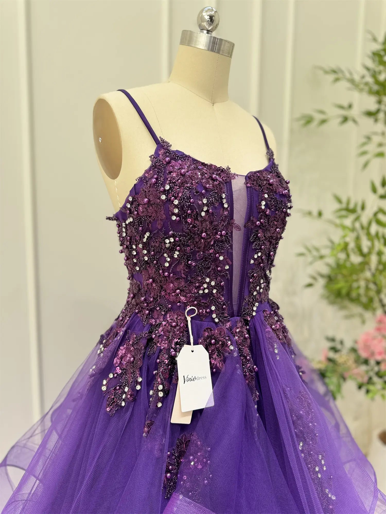 Layered Purple Prom Dresses Spaghetti Strap Ball Gown Lace-up Back FD3756-prom dresses 2025 -Viniodress-Purple-Custom Size-