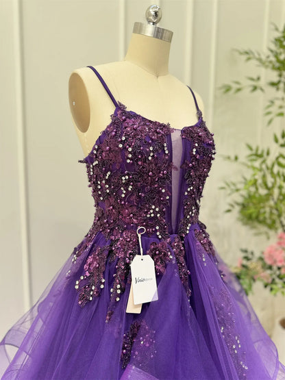 Layered Purple Prom Dresses Spaghetti Strap Ball Gown Lace-up Back FD3756-prom dresses 2025 -Viniodress-Purple-Custom Size-