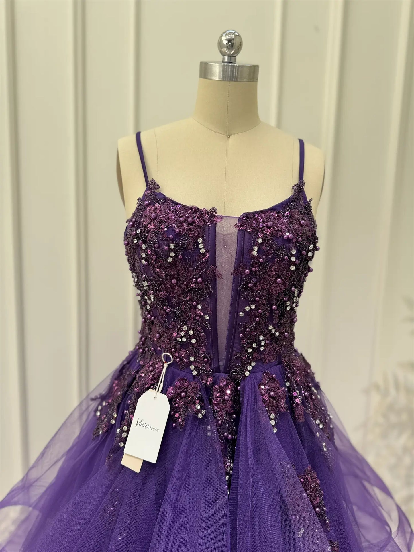 Layered Purple Prom Dresses Spaghetti Strap Ball Gown Lace-up Back FD3756-prom dresses 2025 -Viniodress-Purple-Custom Size-