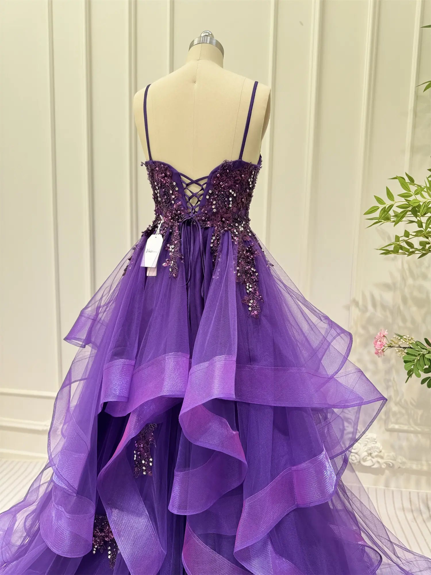 Layered Purple Prom Dresses Spaghetti Strap Ball Gown Lace-up Back FD3756-prom dresses 2025 -Viniodress-Purple-Custom Size-