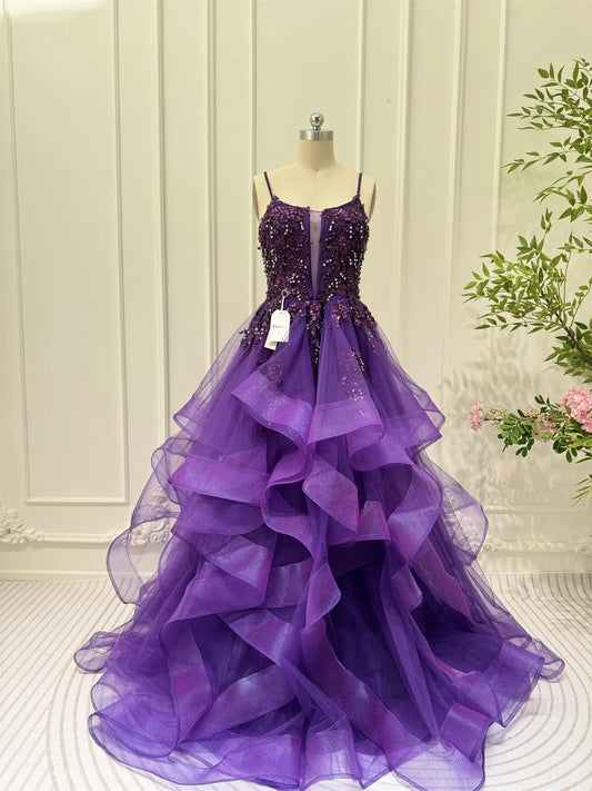 Layered Purple Prom Dresses Spaghetti Strap Ball Gown Lace-up Back FD3756-prom dresses 2025 -Viniodress-Purple-Custom Size-
