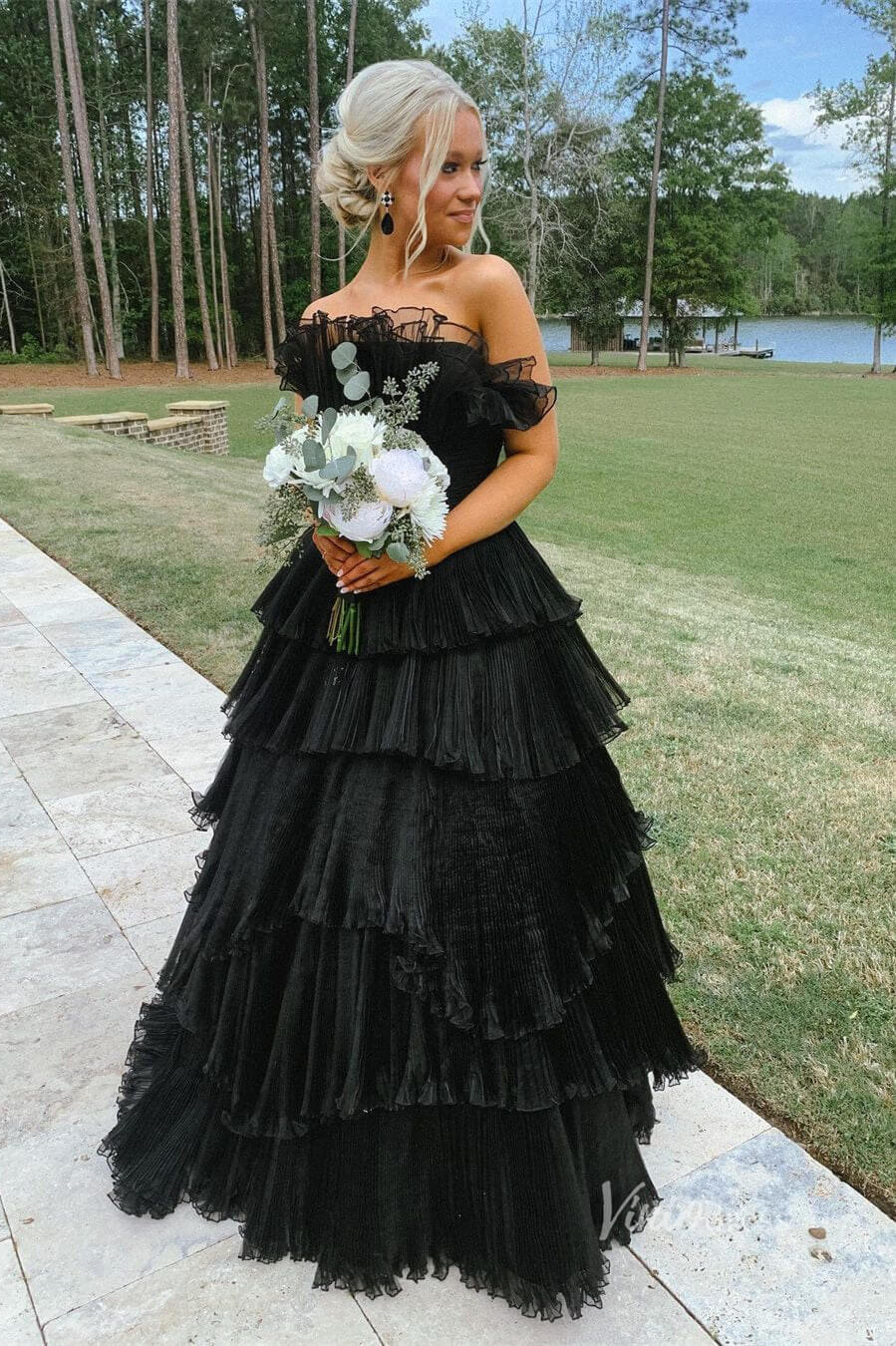 Layered Ruffle Prom Dresses Tiered Ball Gown FD3602-prom dresses 2025 -Viniodress-Black-Custom Size-