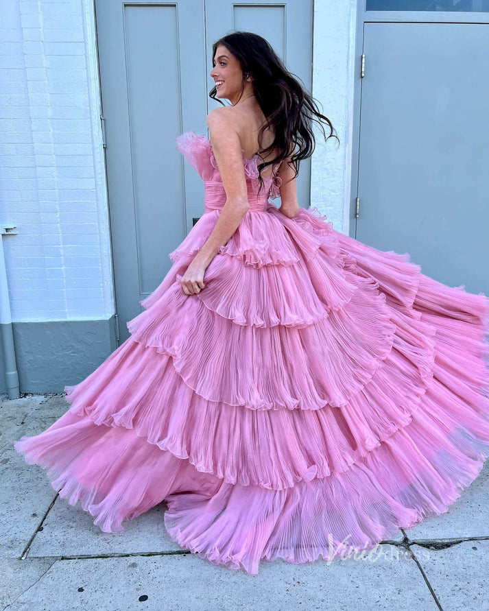 Ruched Bust Illusion Bodice Layered Ruffle Hem Long Ball Gown Prom Dress in Lilac