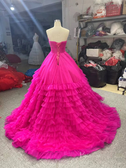 Layered Tulle Ball Gown Sweet 16 Dress Fuchsia Ruffle Wedding Dress 67158-prom dresses 2025 -Viniodress-Fuchsia-Custom Size-