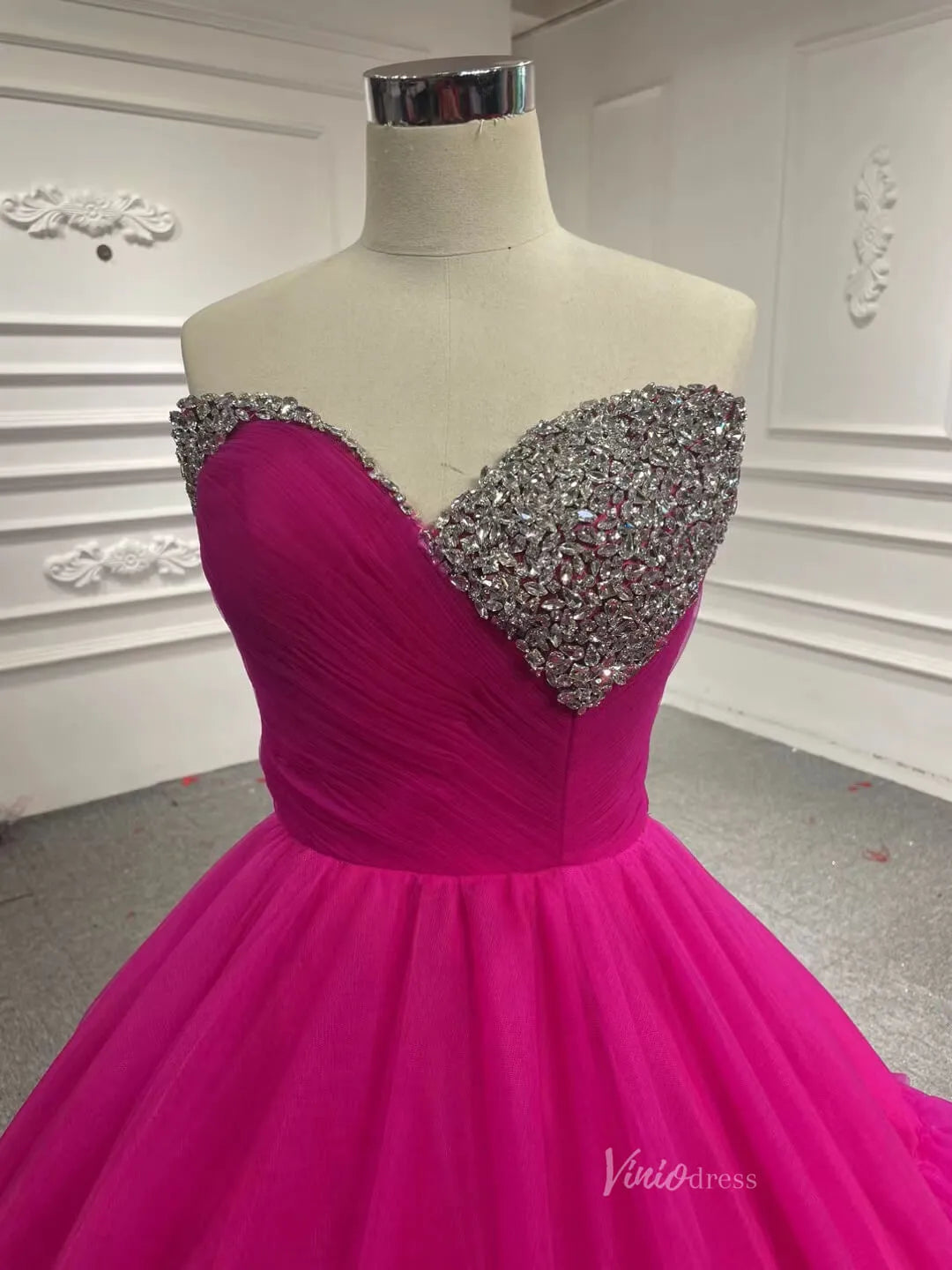 Layered Tulle Ball Gown Sweet 16 Dress Fuchsia Ruffle Wedding Dress 67158-prom dresses 2025 -Viniodress-Fuchsia-Custom Size-