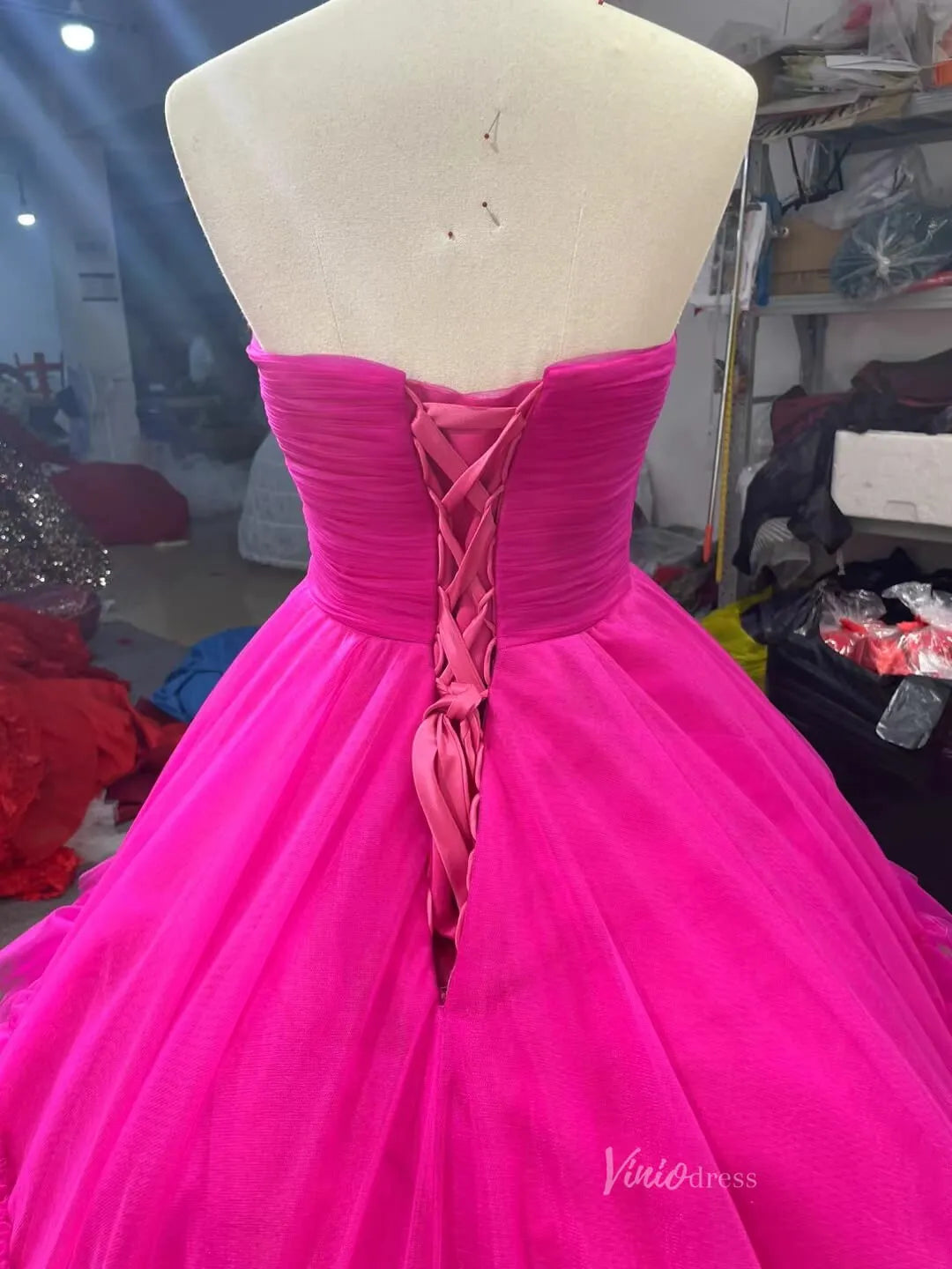 Layered Tulle Ball Gown Sweet 16 Dress Fuchsia Ruffle Wedding Dress 67158-prom dresses 2025 -Viniodress-Fuchsia-Custom Size-