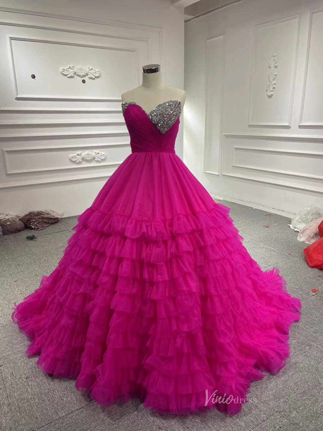 Layered Tulle Ball Gown Sweet 16 Dress Fuchsia Ruffle Wedding Dress 67158-prom dresses-Viniodress-Fuchsia-Custom Size-Viniodress