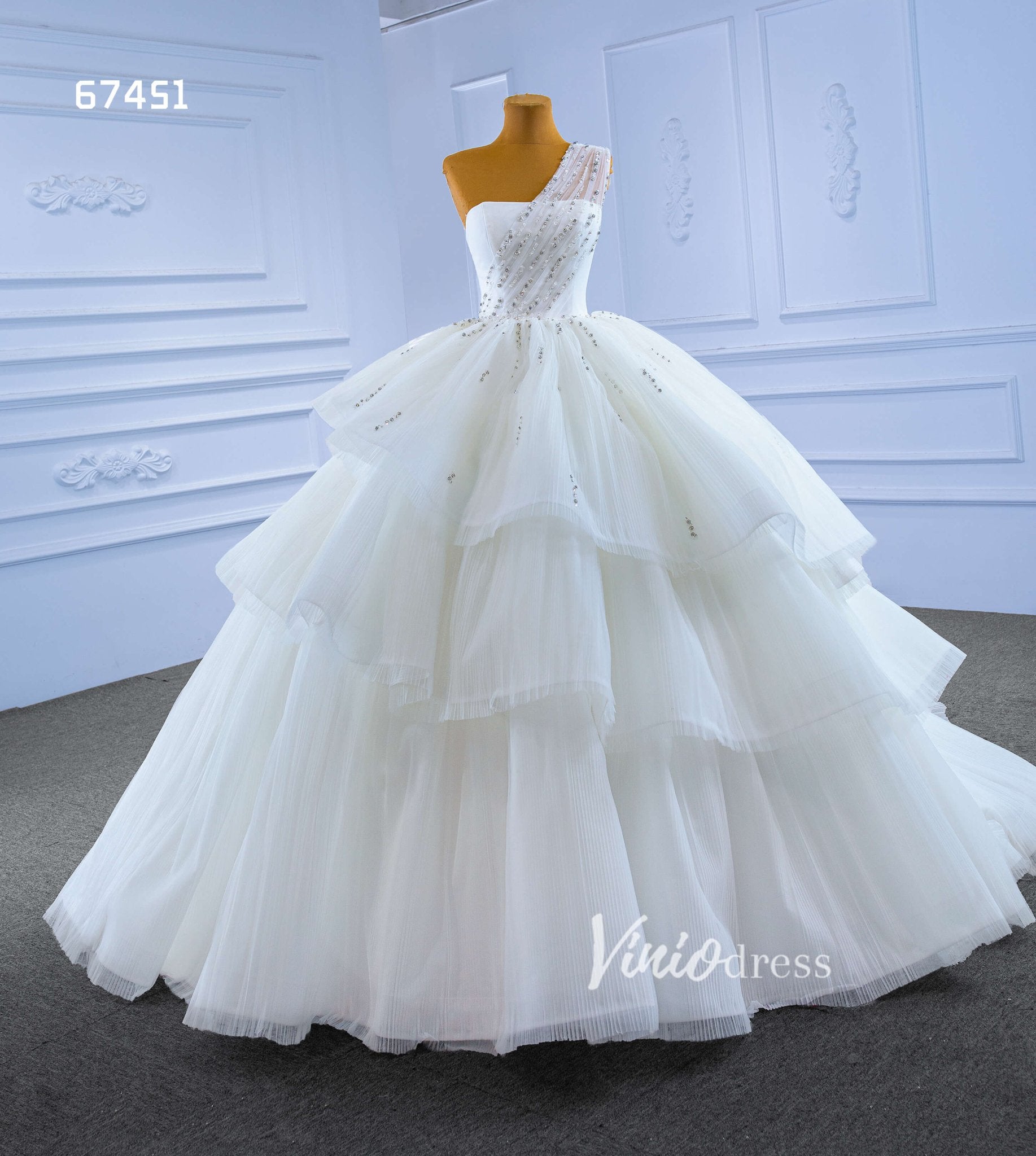 Layered Tulle Ball Gown Wedding Dress One Shoulder 67451-wedding dresses 2025 -Viniodress-Ivory-Custom Size-