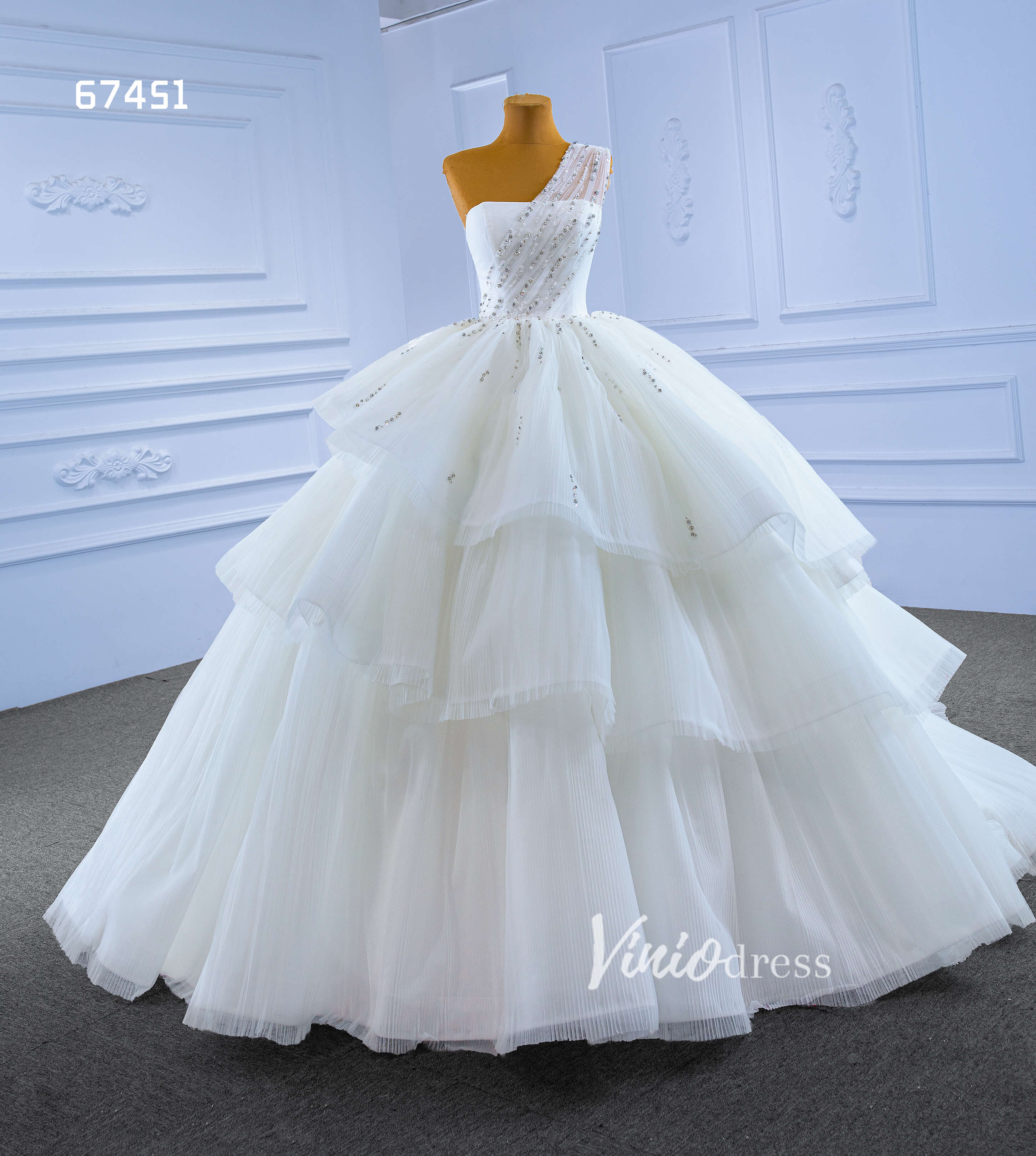 Layered Tulle Ball Gown Wedding Dress One Shoulder 67451-wedding dresses-Viniodress-Viniodress