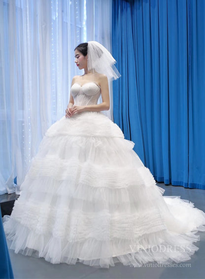 Layered Tulle Ball Gown Wedding Dresses Strapless Bridal Dress VW1785-wedding dresses 2025 -Viniodress-Ivory-Custom Size-