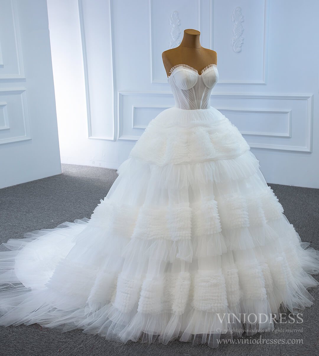 Layered Tulle Ball Gown Wedding Dresses Strapless Bridal Dress VW1785-wedding dresses 2025 -Viniodress-Ivory-Custom Size-