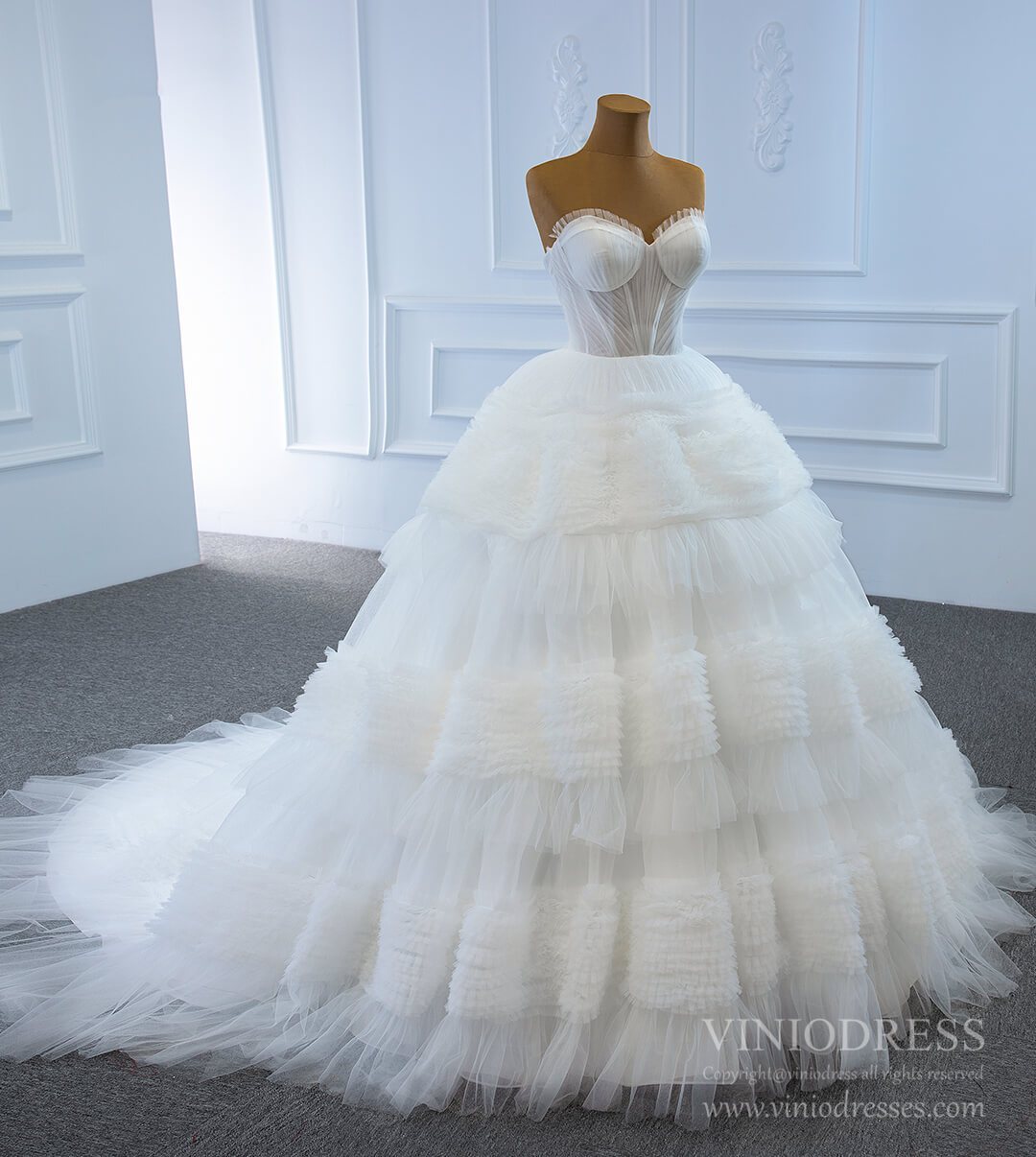 Layered Tulle Ball Gown Wedding Dresses Strapless Bridal Dress VW1785-wedding dresses-Viniodress-Viniodress