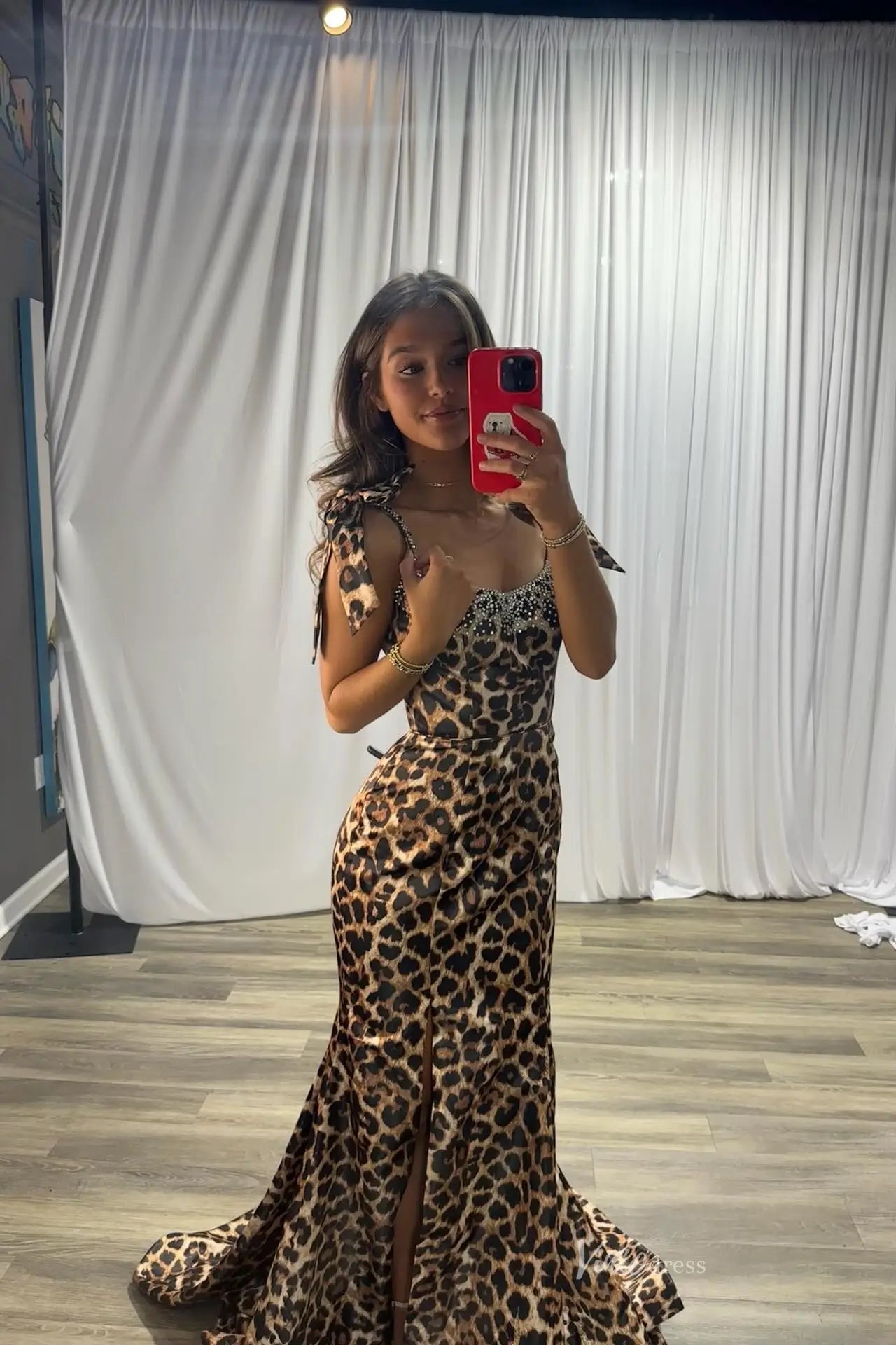 Leopard Print Mermaid Prom Dresses with Beaded Neckline, Spaghetti Straps and High Slit SS333-Prom Dresses 2026-Viniodress-Brown-Custom Size-