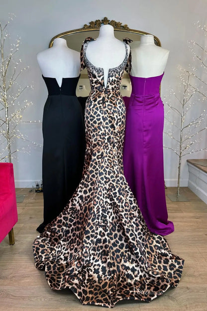 Leopard Print Mermaid Prom Dresses with Beaded Neckline, Spaghetti Straps and High Slit SS333-Prom Dresses 2026-Viniodress-Brown-Custom Size-