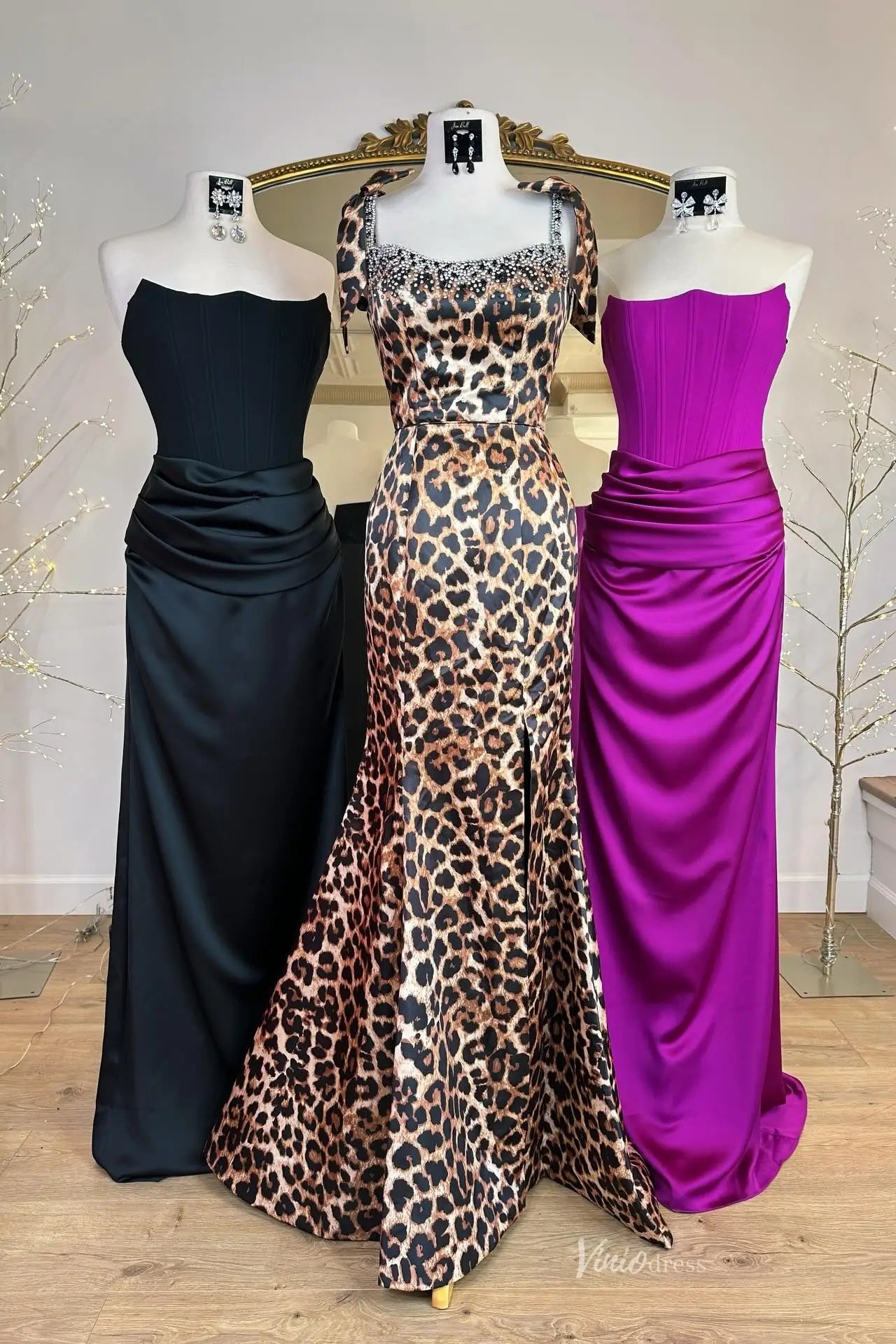 Leopard Print Mermaid Prom Dresses with Beaded Neckline, Spaghetti Straps and High Slit SS333-Prom Dresses 2026-Viniodress-Brown-Custom Size-