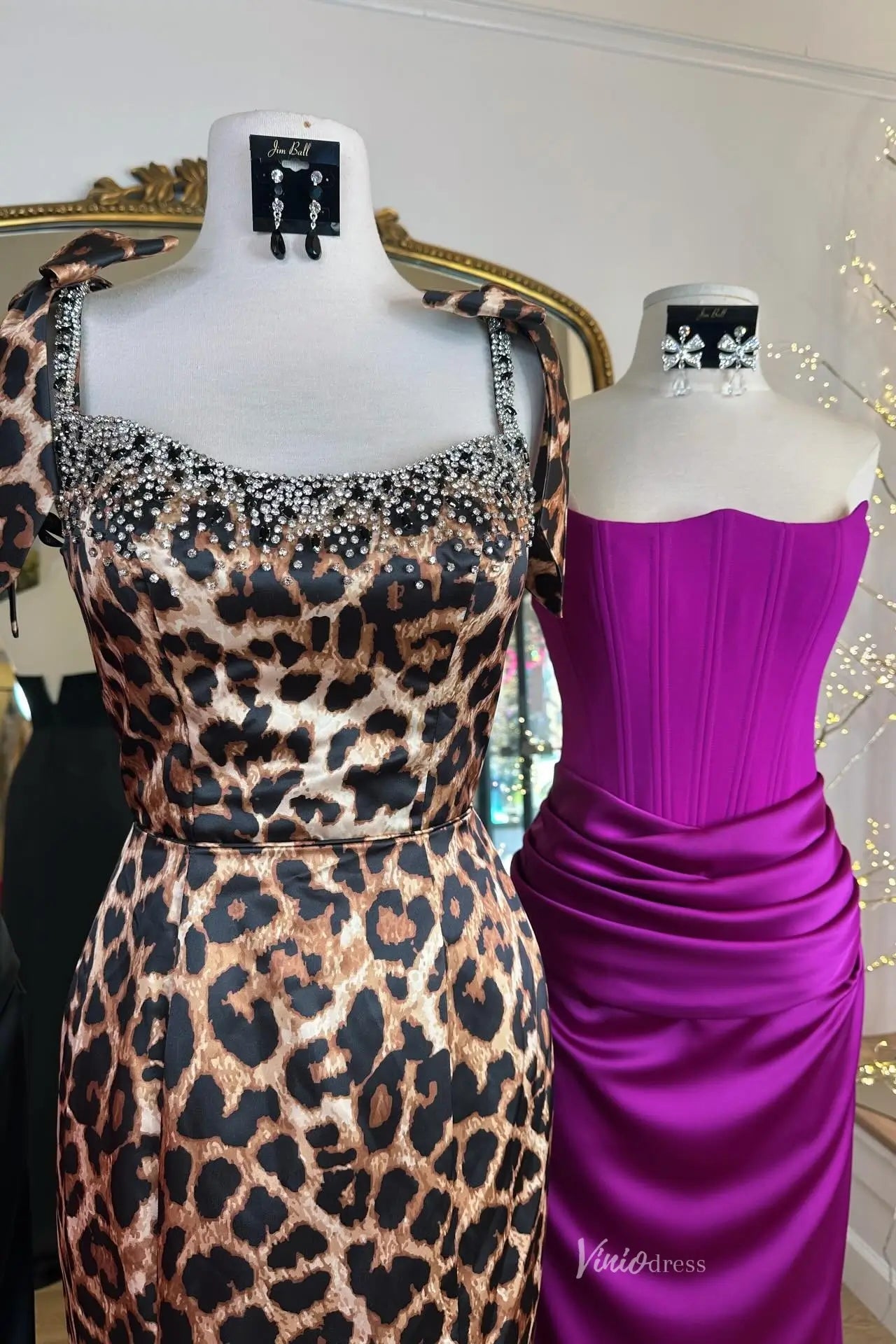 Leopard Print Mermaid Prom Dresses with Beaded Neckline, Spaghetti Straps and High Slit SS333-Prom Dresses 2026-Viniodress-Brown-Custom Size-