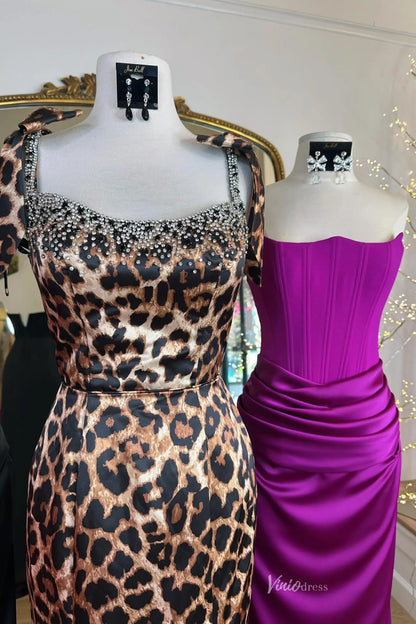 Leopard Print Mermaid Prom Dresses with Beaded Neckline, Spaghetti Straps and High Slit SS333-Prom Dresses 2026-Viniodress-Brown-Custom Size-