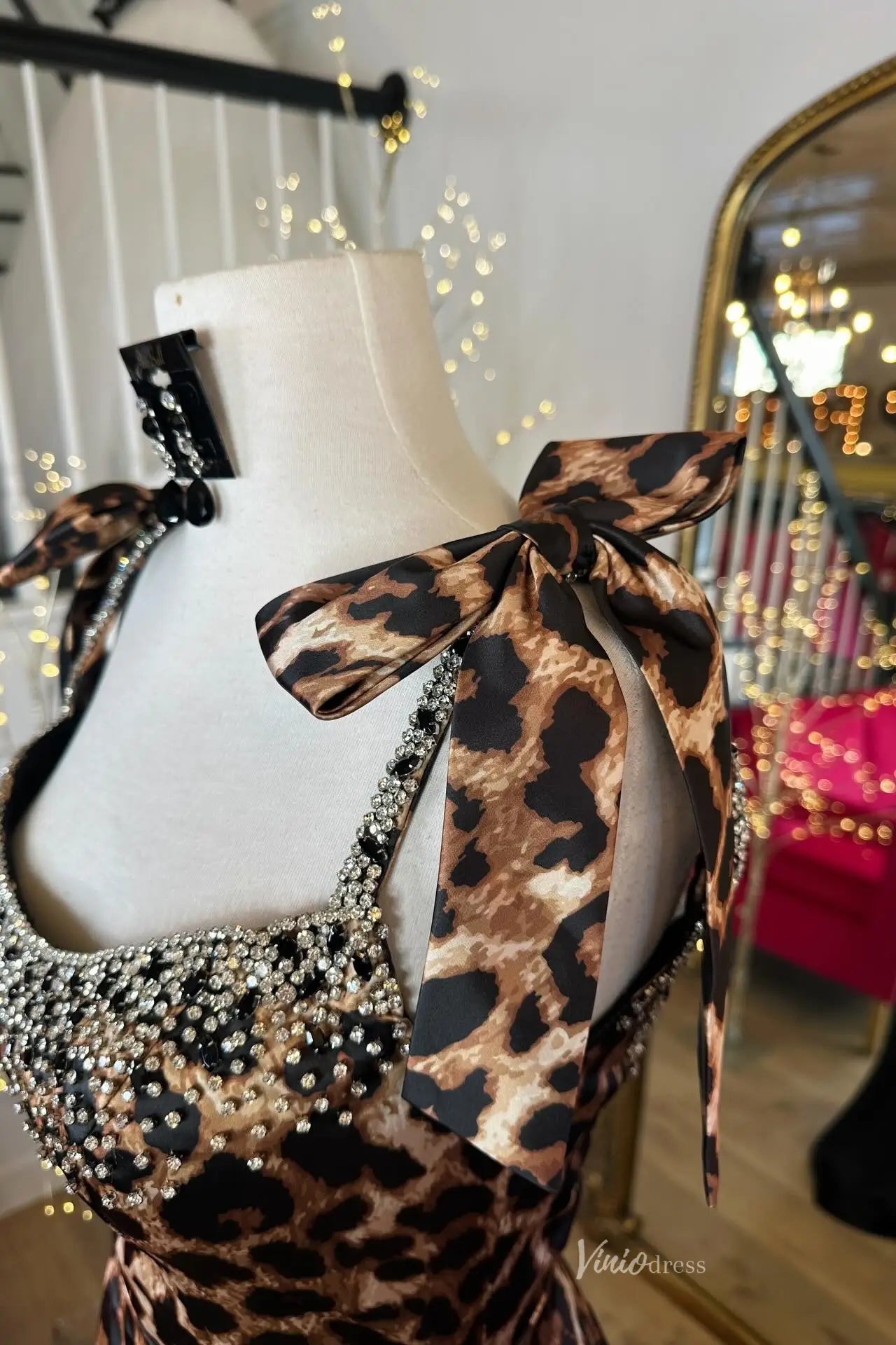 Leopard Print Mermaid Prom Dresses with Beaded Neckline, Spaghetti Straps and High Slit SS333-Prom Dresses 2026-Viniodress-Brown-Custom Size-