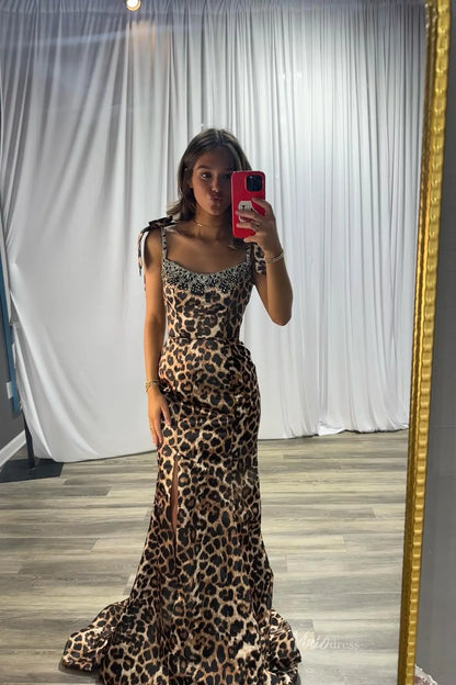Leopard Print Mermaid Prom Dresses with Beaded Neckline, Spaghetti Straps and High Slit SS333-Prom Dresses 2026-Viniodress-Brown-Custom Size-