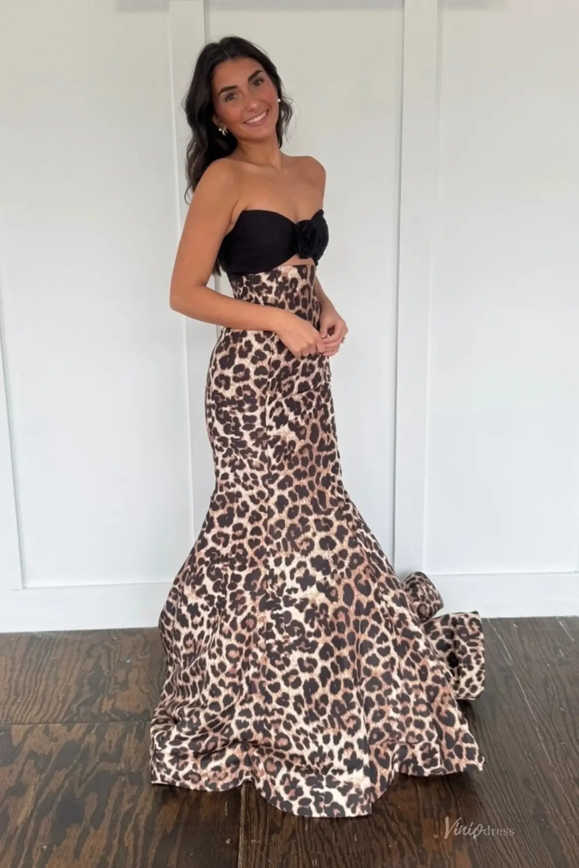Leopard Print Strapless Mermaid Prom Dress with Black Bow Bodice SS336 Viniodress Leopard Print Strapless Mermaid Prom Dress with Black Bow Bodice SS336 Viniodress