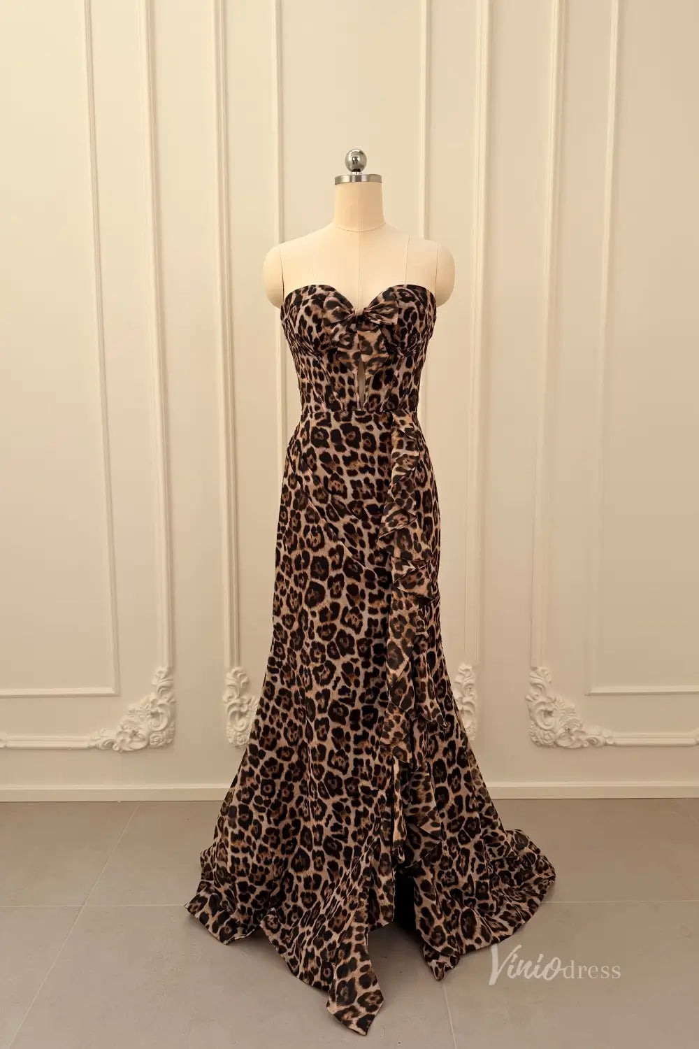 Leopard Print Strapless Prom Dresses with Sweetheart Corset Bodice, Ruffled Slit SS334-Prom Dresses 2026-Viniodress-Brown-US 0-