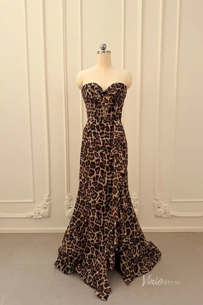 Leopard Print Strapless Prom Dresses with Sweetheart Corset Bodice, Ruffled Slit SS334-Prom Dresses 2026-Viniodress-Brown-US 0-