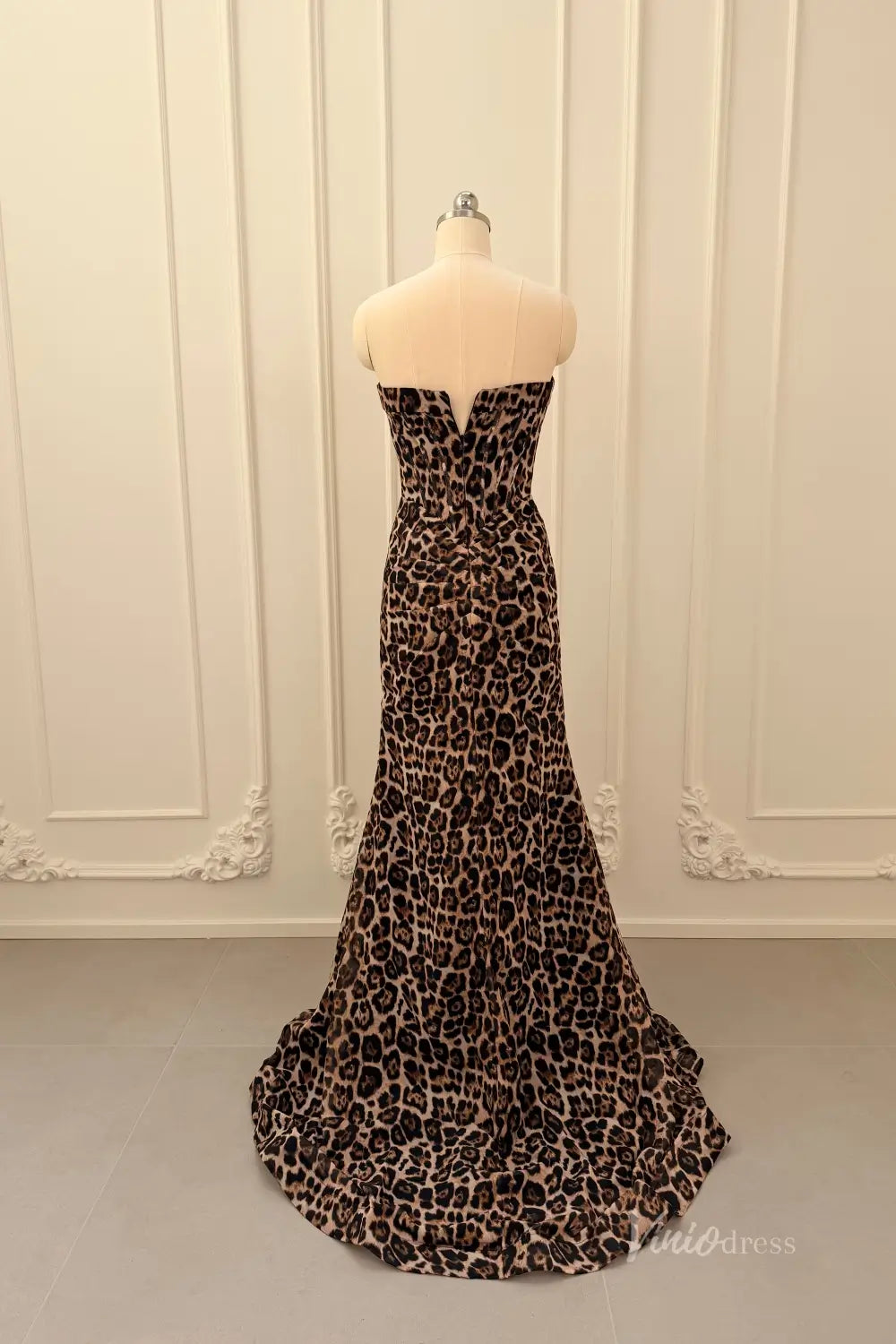 Leopard Print Strapless Prom Dresses with Sweetheart Corset Bodice, Ruffled Slit SS334-Prom Dresses 2026-Viniodress-Brown-US 0-
