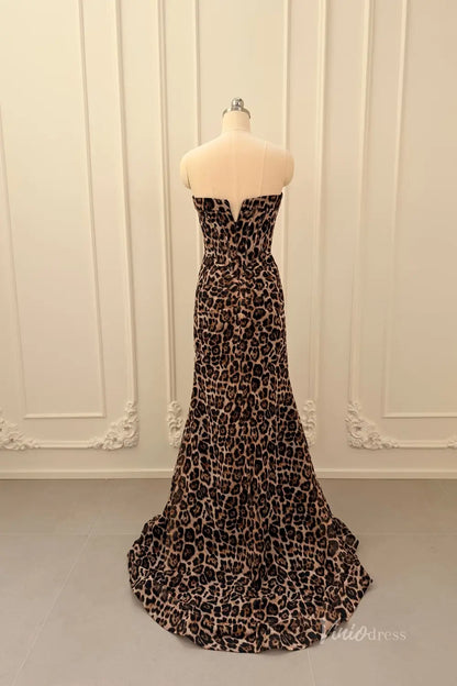 Leopard Print Strapless Prom Dresses with Sweetheart Corset Bodice, Ruffled Slit SS334-Prom Dresses 2026-Viniodress-Brown-US 0-