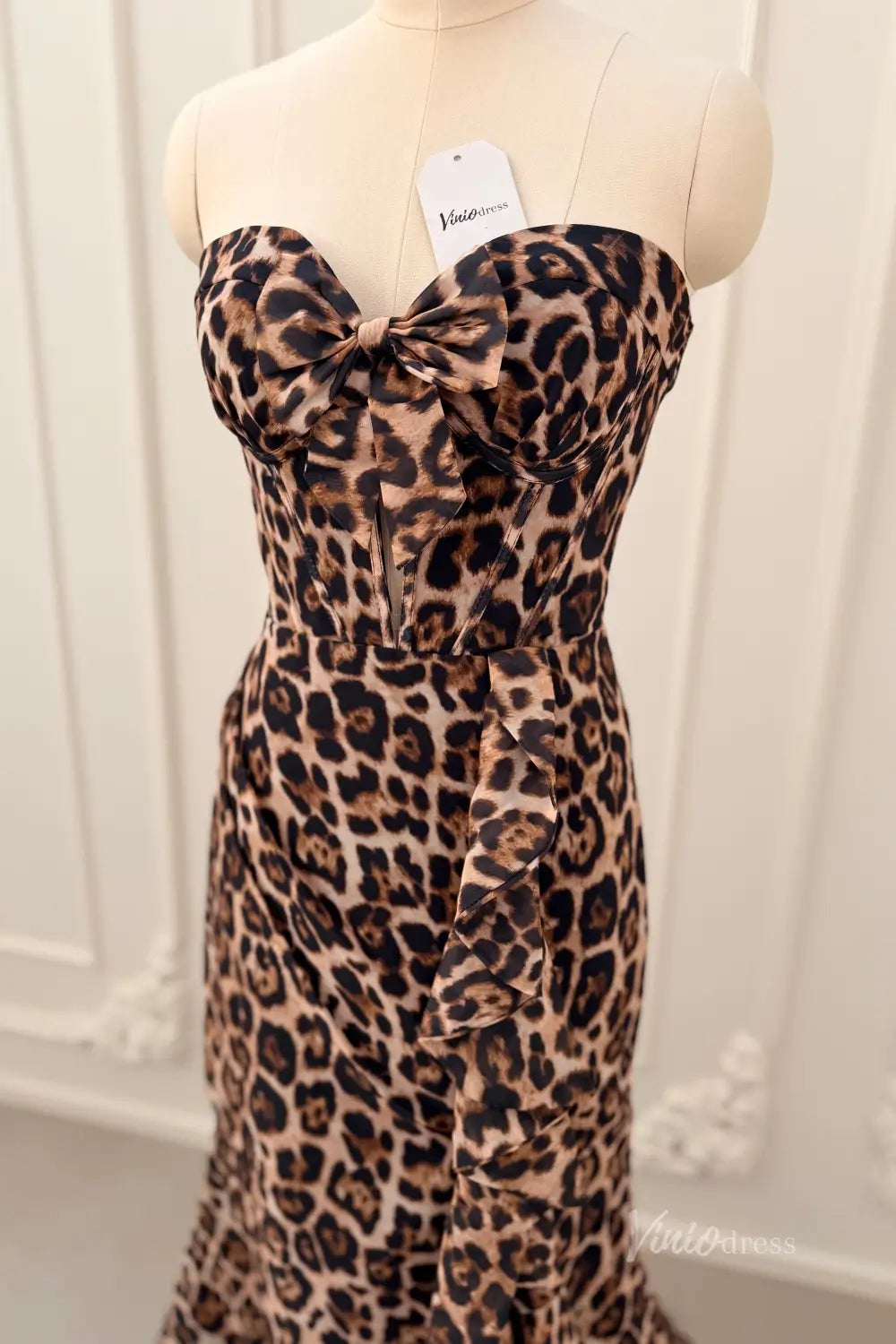 Leopard Print Strapless Prom Dresses with Sweetheart Corset Bodice, Ruffled Slit SS334-Prom Dresses 2026-Viniodress-Brown-US 0-