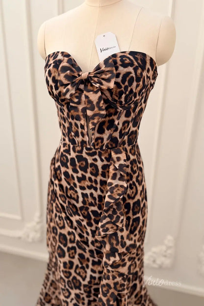 Leopard Print Strapless Prom Dresses with Sweetheart Corset Bodice, Ruffled Slit SS334-Prom Dresses 2026-Viniodress-Brown-US 0-