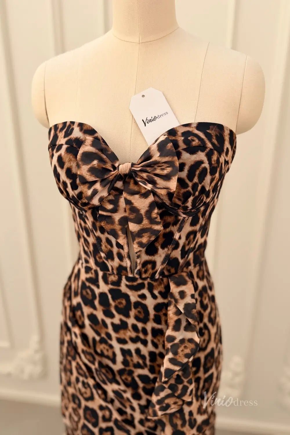 Leopard Print Strapless Prom Dresses with Sweetheart Corset Bodice, Ruffled Slit SS334-Prom Dresses 2026-Viniodress-Brown-US 0-