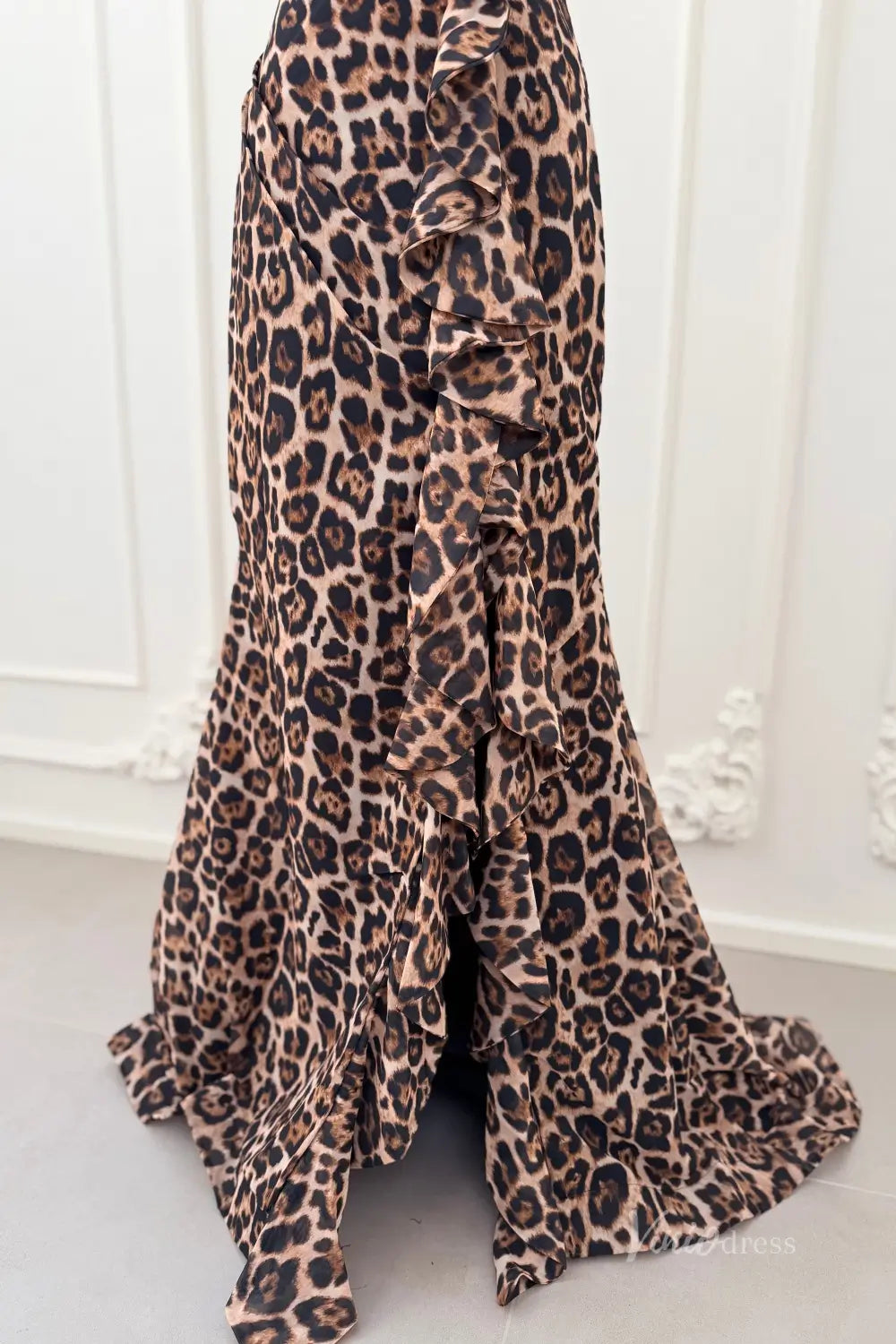 Leopard Print Strapless Prom Dresses with Sweetheart Corset Bodice, Ruffled Slit SS334-Prom Dresses 2026-Viniodress-Brown-US 0-